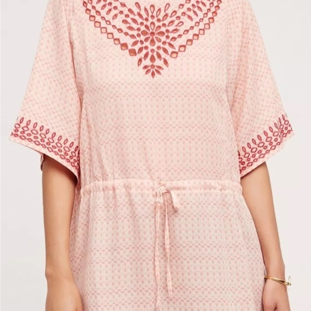 One September Chic Peach Tunic with Red Embroidery